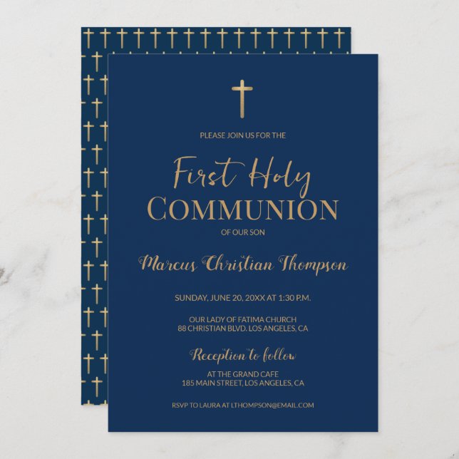 Elegant Blue Gold Cross Boy First holy communion  Invitation (Front/Back)