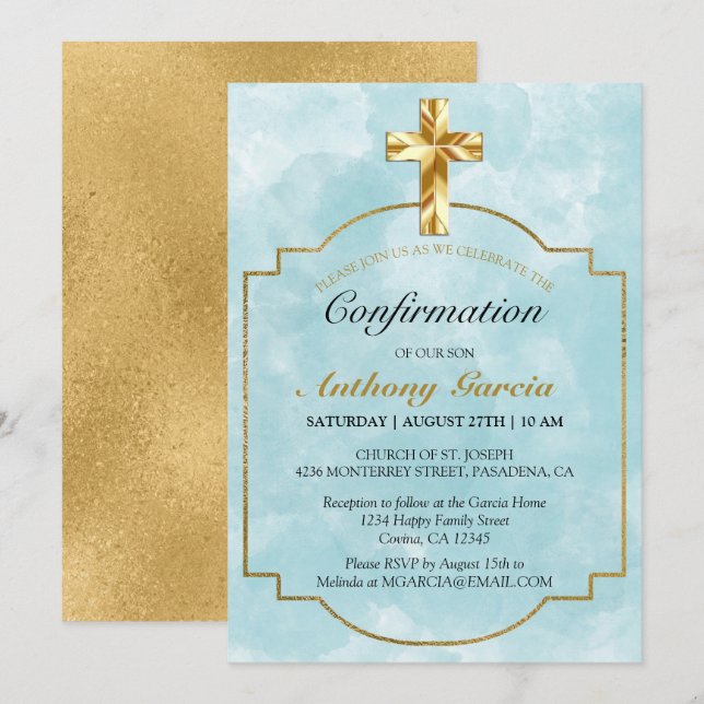 Elegant Blue Gold Cross Boys Confirmation Invitation (Front/Back)
