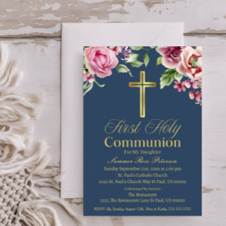 Elegant Blue Gold Cross First Communion Girl/Boy Invitation