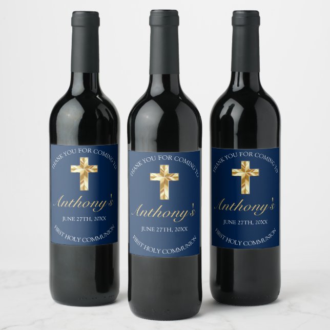 Elegant Blue Gold Cross First Communion Reception Wine Label (Bottles)