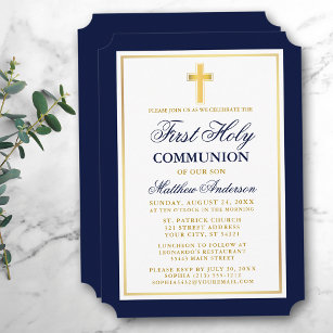 Elegant Blue Gold Cross First Holy Communion Invitation