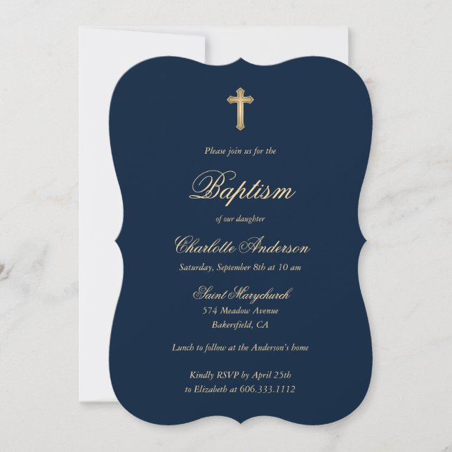 Elegant Blue Gold Cross Script Girl Baptism Invitation (Front)