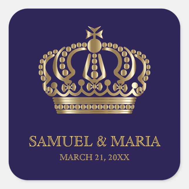 Elegant Blue Gold Crown Wedding Favour Square Sticker (Front)