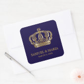 Elegant Blue Gold Crown Wedding Favour Square Sticker (Envelope)