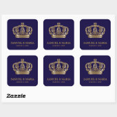 Elegant Blue Gold Crown Wedding Favour Square Sticker (Sheet)