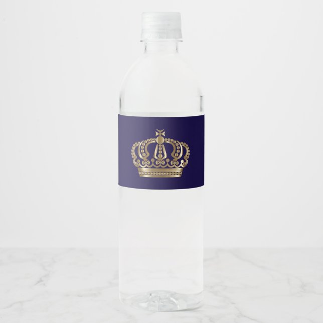 Elegant Blue Gold Crown Wedding Water Bottle Label (Front)