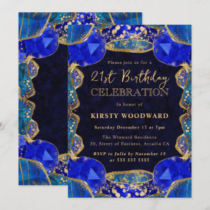 Elegant Blue Gold Crystal Frame 21st Birthday Invitation