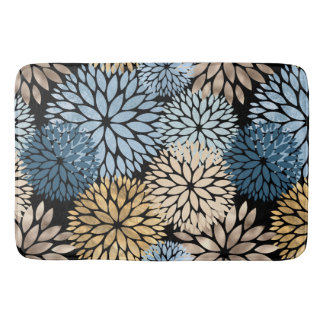 Elegant Blue Gold Dahlia Floral Bath Mat