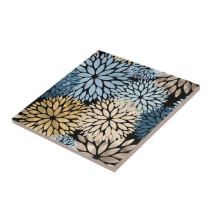 Elegant Blue Gold Dahlia Floral Ceramic Tile