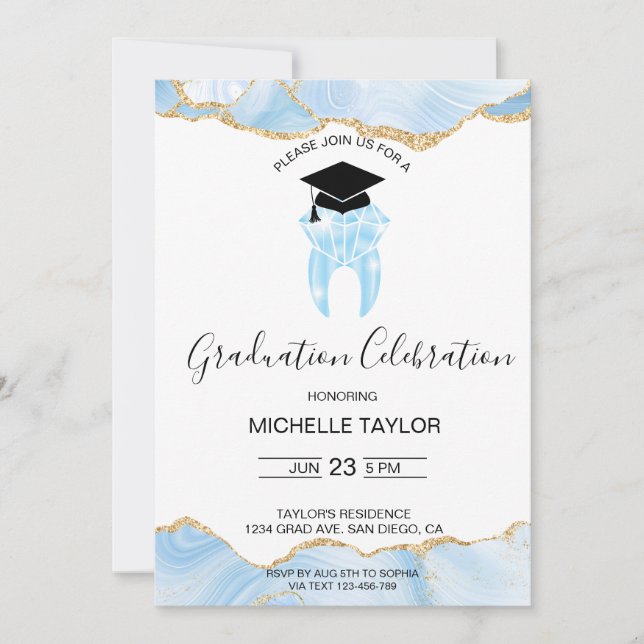 Elegant Blue Gold Dental Dentist Graduation Party Invitation (Front)