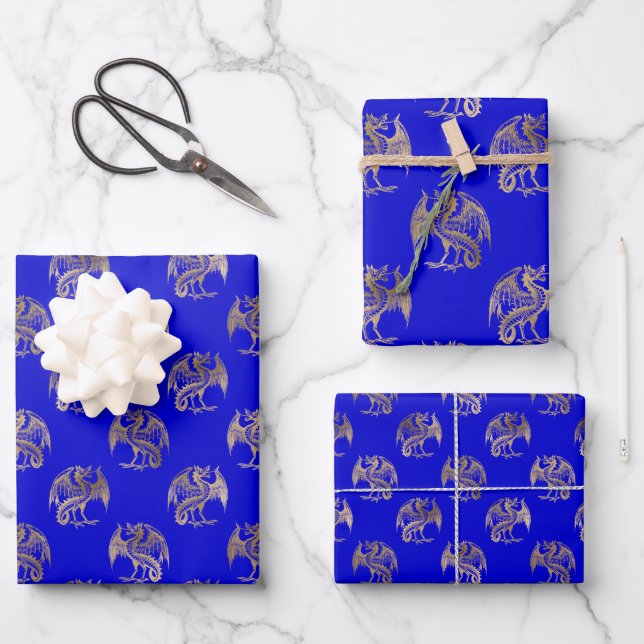 Elegant Blue Gold Dragon Wrapping Paper Sheets (Front)
