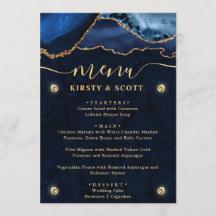 Elegant Blue & Gold Faux Glitter Agate Wedding Menu