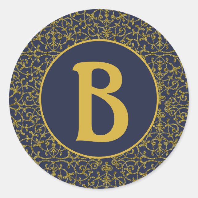 Elegant Blue & Gold Filigree Monogram Classic Round Sticker (Front)