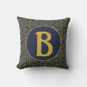 Elegant Blue & Gold Filigree Monogram Cushion