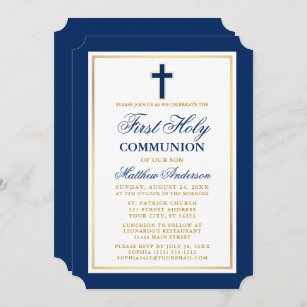 Elegant Blue Gold First Holy Communion Invitation