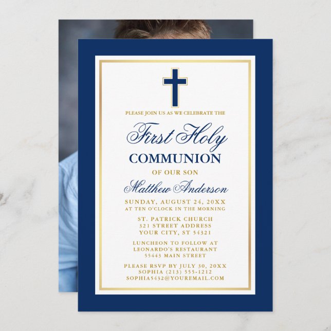 Elegant Blue Gold First Holy Communion Photo Invitation (Front/Back)