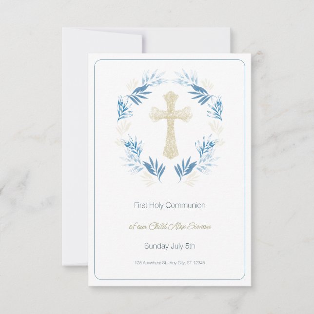 Elegant Blue Gold First Holy Communion RSVP Card (Front)