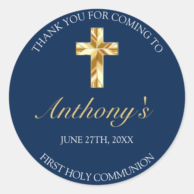 Elegant Blue Gold First Holy Communion Thank You Classic Round Sticker (Front)