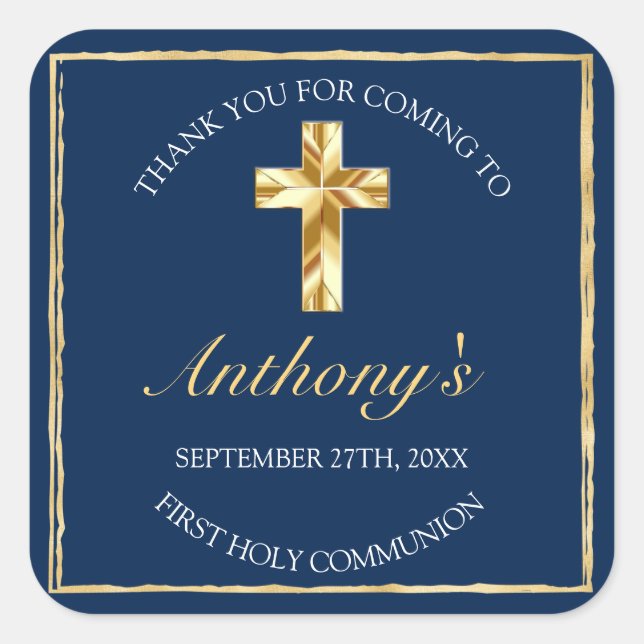 Elegant Blue Gold First Holy Communion Thank You Square Sticker (Front)