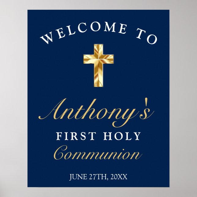 Elegant Blue Gold First Holy Communion Welcome Poster (Front)