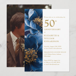 Elegant Blue Gold Floral 50th Anniversary Photo Invitation