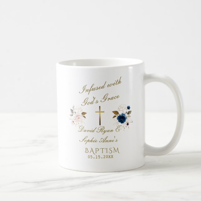 Elegant Blue Gold Floral Calligraphy Twins Baptism Coffee Mug (Right)