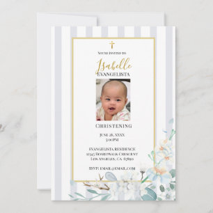 Elegant Blue Gold Floral Christening Invitation