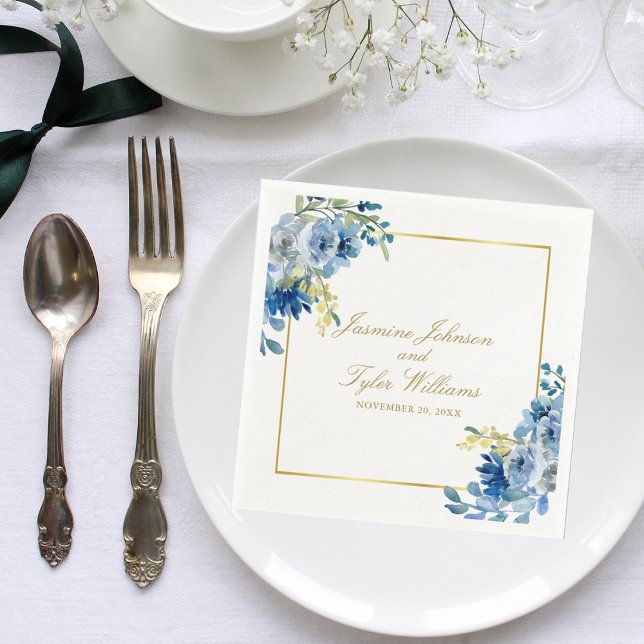 Elegant Blue Gold Floral Evening Wedding Napkin (Creator Uploaded)