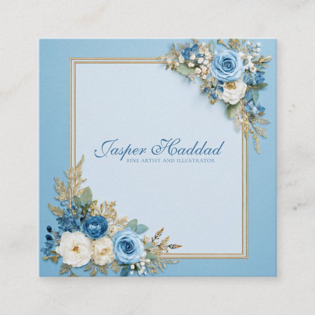 Elegant Blue Gold Floral Frame Square Business Card (Front)
