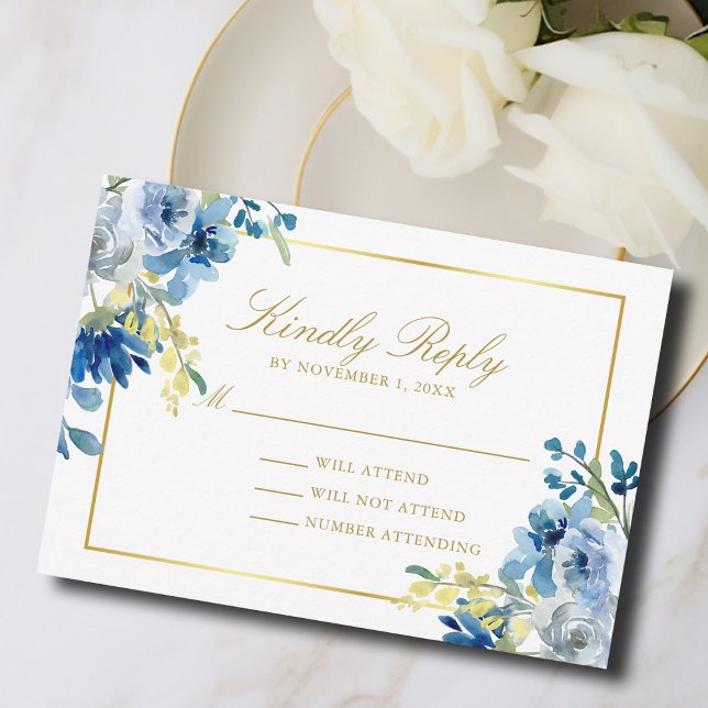 Elegant Blue Gold Floral Kindly Reply Wedding RSVP Card (Creator Uploaded)