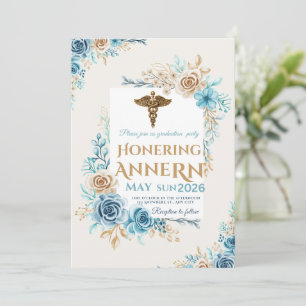 Elegant Blue & Gold Floral Nursing Graduation Invi Invitation