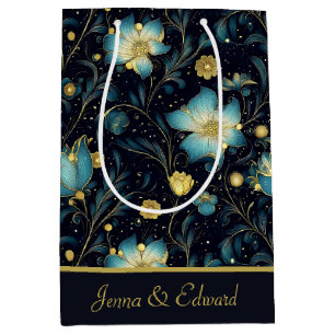 Elegant Blue & Gold Floral Personalised Christmas Medium Gift Bag