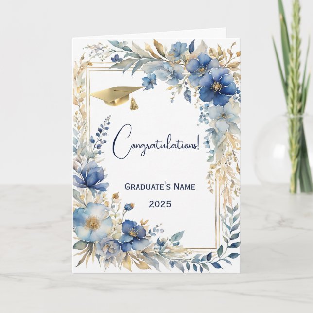 Elegant Blue Gold Floral Personalised Graduation Card (Front)
