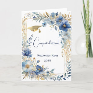 Elegant Blue Gold Floral Personalised Graduation Card