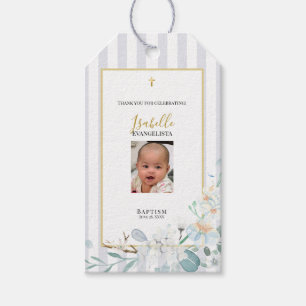 Elegant Blue Gold Floral Photo Baptism Gift Tags
