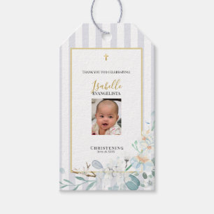 Elegant Blue Gold Floral Photo Christening Gift Tags