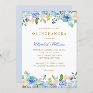 Elegant Blue Gold Floral Quinceanera Invitation