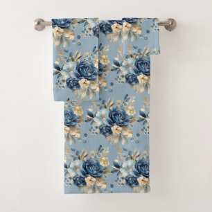 Elegant Blue Gold Floral Roses Towel Set