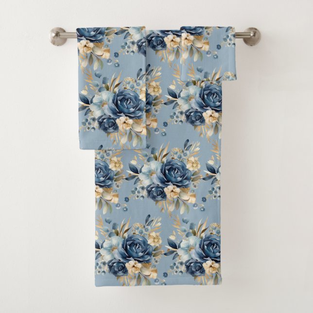 Elegant Blue Gold Floral Roses Towel Set (Insitu)