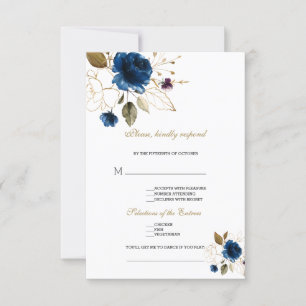 Elegant Blue Gold Floral Song Request Wedding RSVP Card