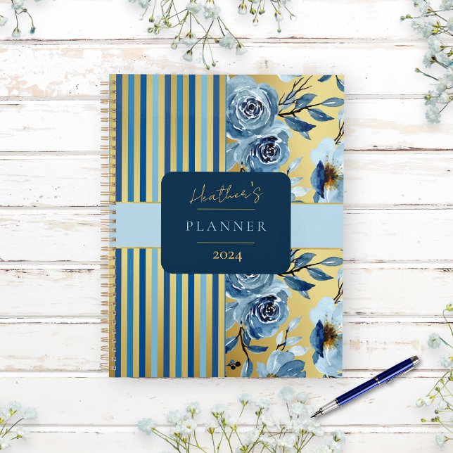 Elegant Blue Gold Floral Stripe Journal Notebook (Creator Uploaded)