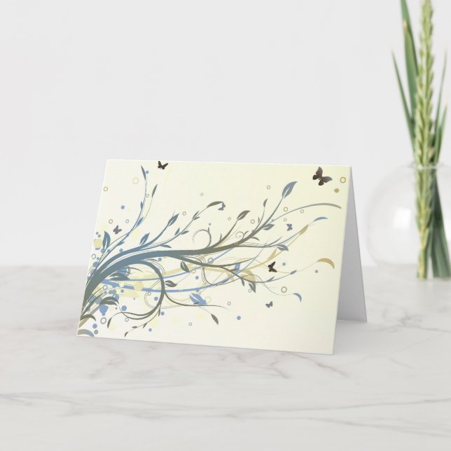 Elegant Blue Gold Floral Swirls with Butterflies Card (Front)