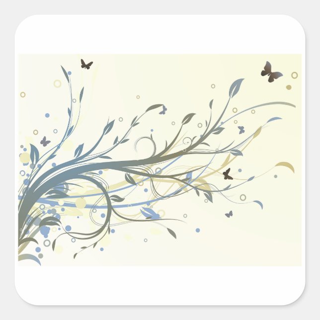 Elegant Blue Gold Floral Swirls with Butterflies Square Sticker (Front)