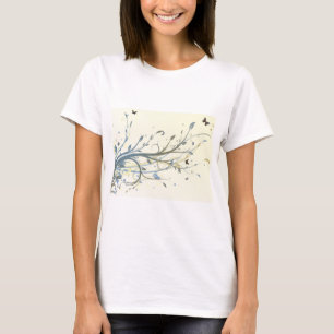 Elegant Blue Gold Floral Swirls with Butterflies T-Shirt