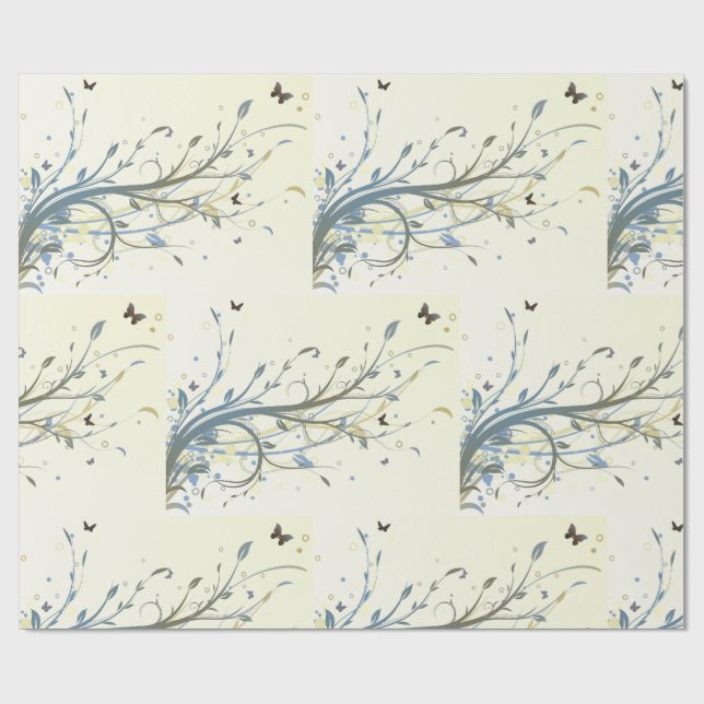 Elegant Blue Gold Floral Swirls with Butterflies Wrapping Paper (Flat)