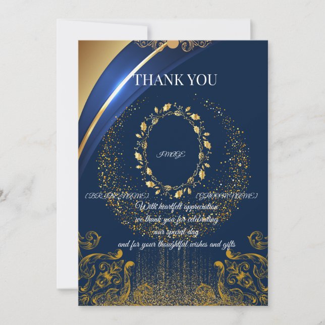Elegant Blue & Gold Floral Thank You Card (Front)