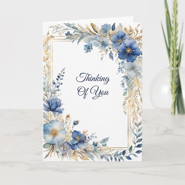 Elegant Blue Gold Floral Thinking of You Card (Front)