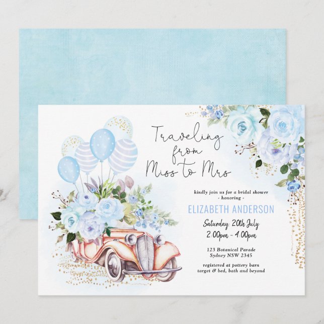 Elegant Blue Gold Floral Travel Bridal Shower Invitation (Front/Back)
