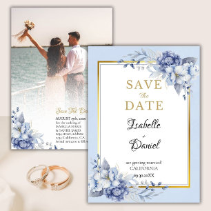 Elegant Blue gold Floral Wedding Save The Date Invitation
