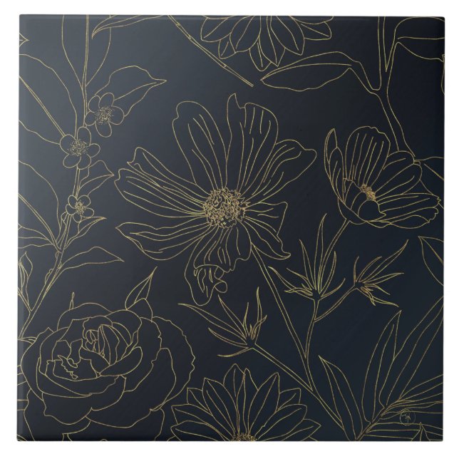Elegant Blue Gold Flowers Botanical Ceramic Tile (Front)